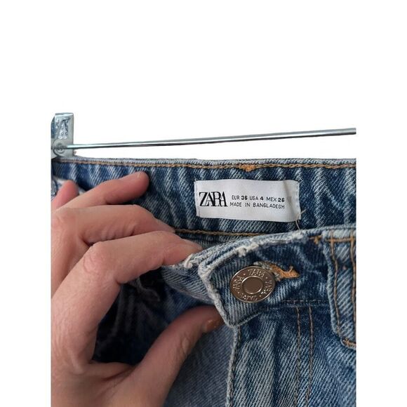 Zara 5 Pocket Design Distressed Ripped Denim Straight Jeans Blue Size 4 - Picture 6 of 11